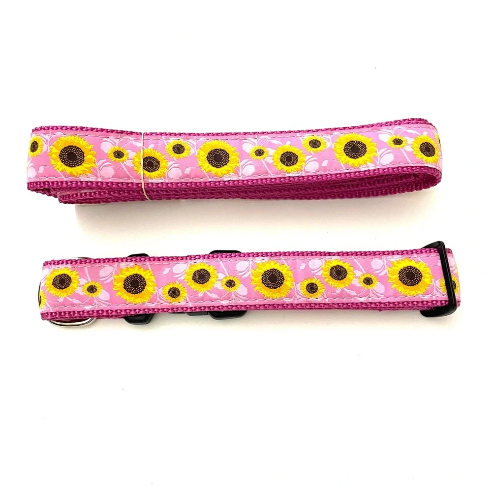 NWOT Preston Nylon Pink Sunflower Dog Collar And 6ft Leash Set